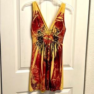 Sparkling Stars Red Yellow Born to Love Print V Neck Both Sides Tank Size M